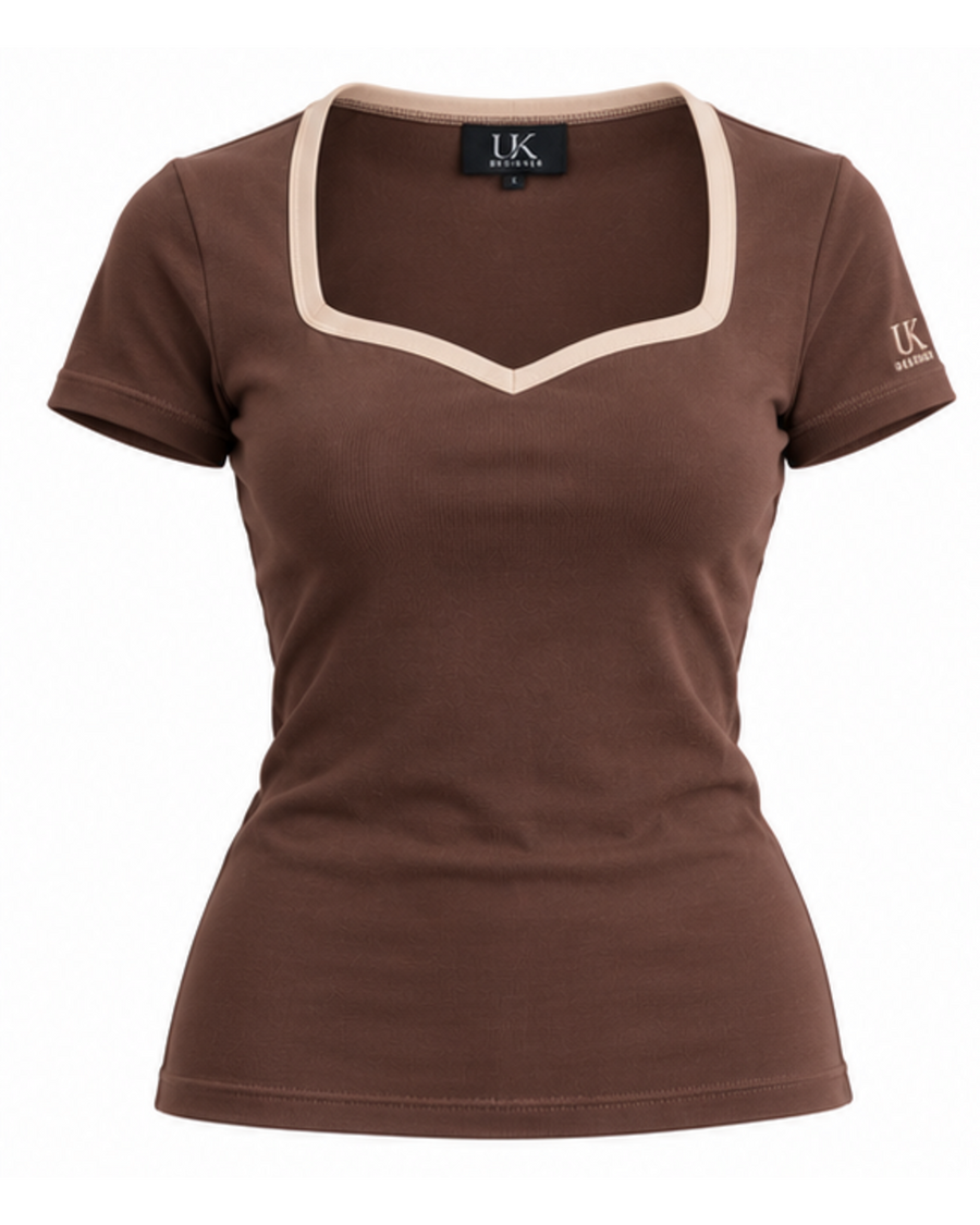 Women's warm cocoa brown sweetheart-neckline T-shirt with beige trim, front view