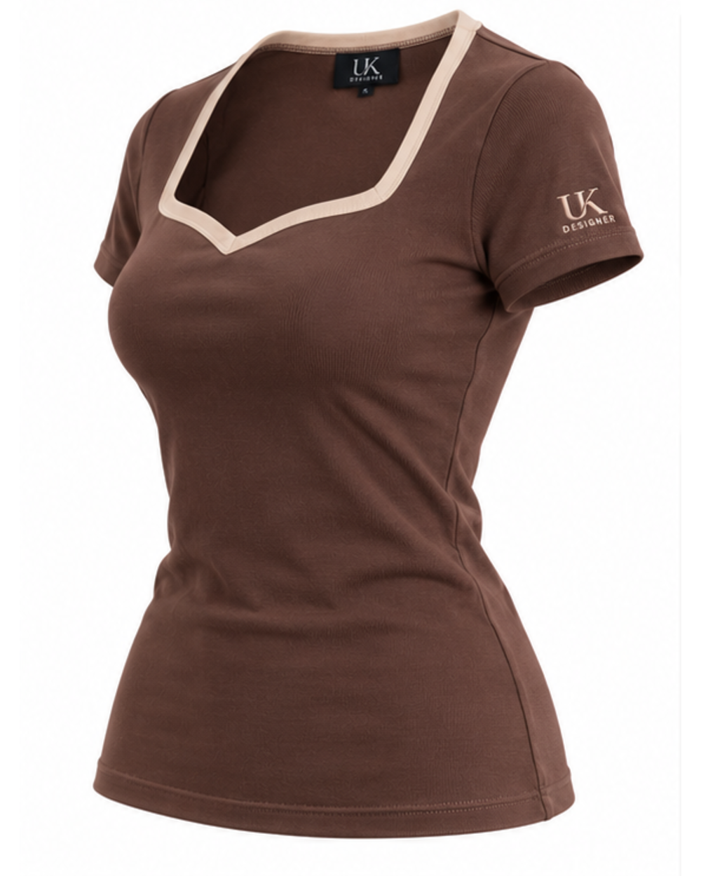 Three-quarter view of the cocoa sweetheart T-shirt showing the sleeve logo
