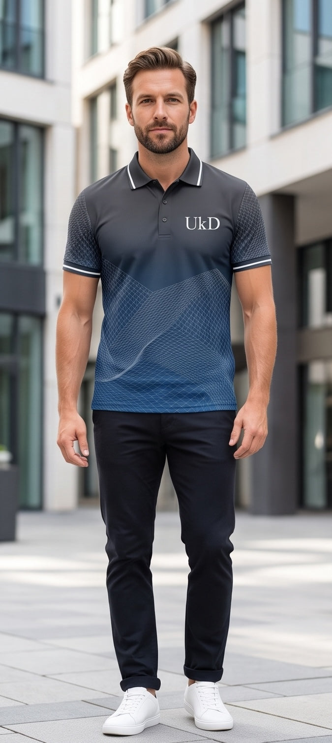 UkD Men's Performance Polo Shirt Charcoal Blue Geometric Print