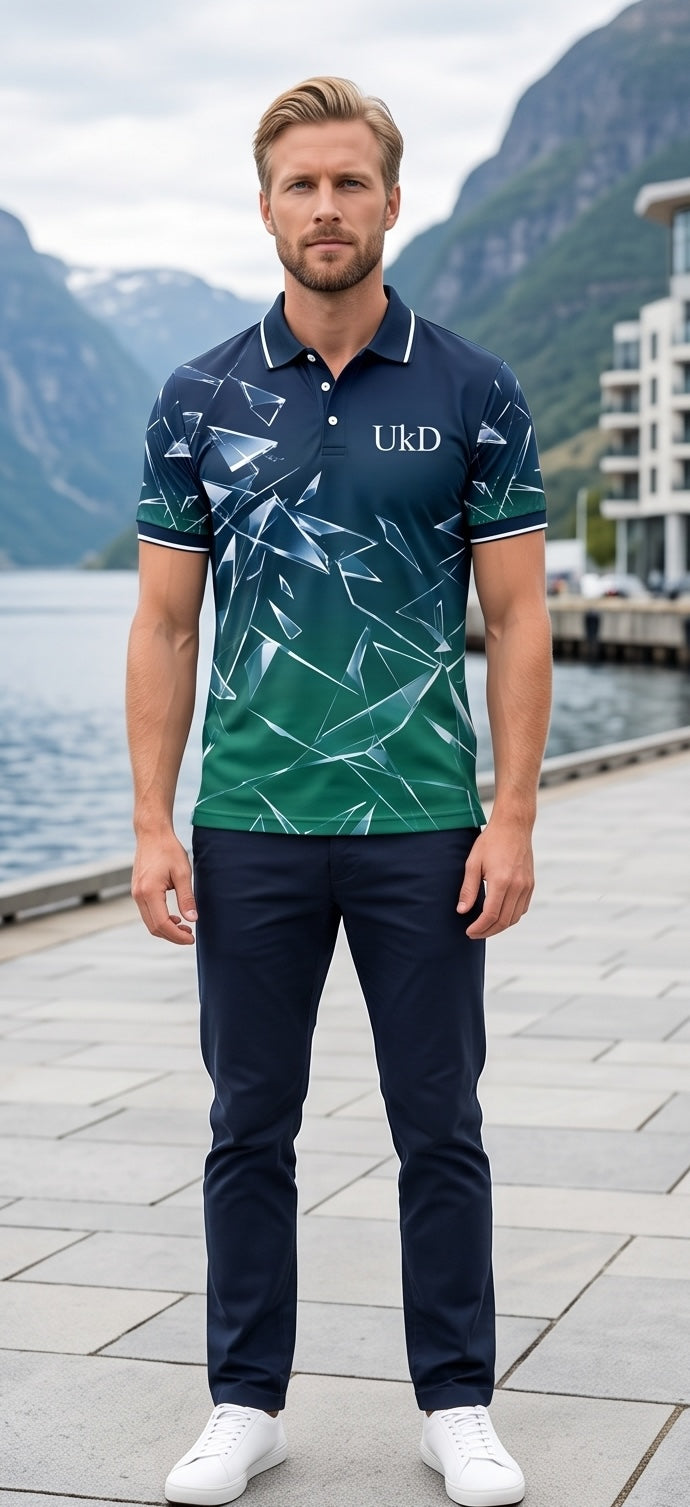 UkD Men's Polo Shirt Navy Green Gradient Shattered Glass Print