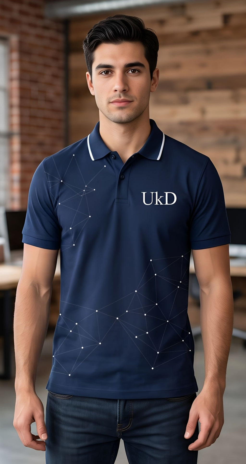UkD Navy Constellation Print Polo Shirt Men's Short Sleeve Cotton Blend