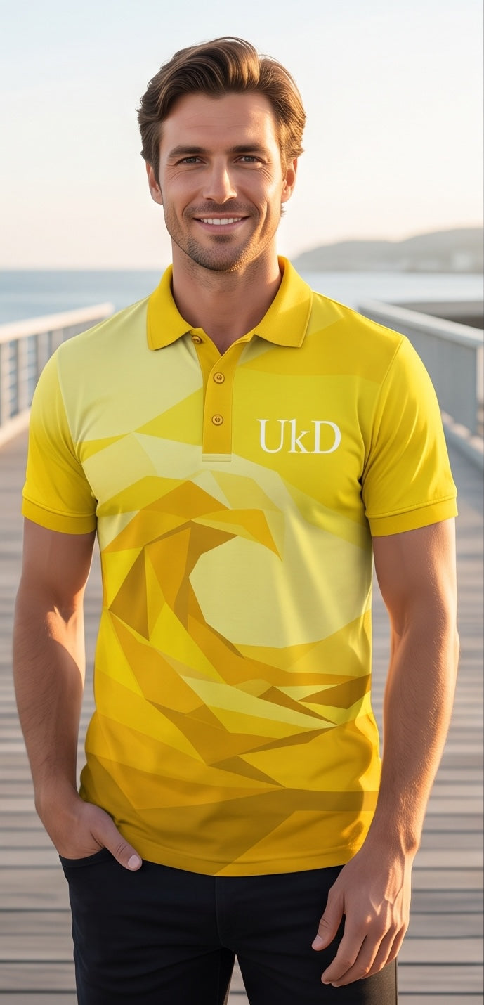 UkD Men's Yellow Ombre Polo Shirt Low Poly Geometric Print