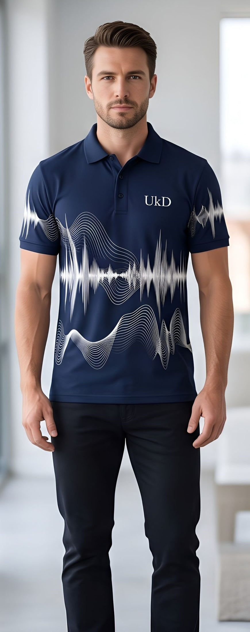 UkD Men's Navy Polo Shirt White Soundwave Abstract Line Print