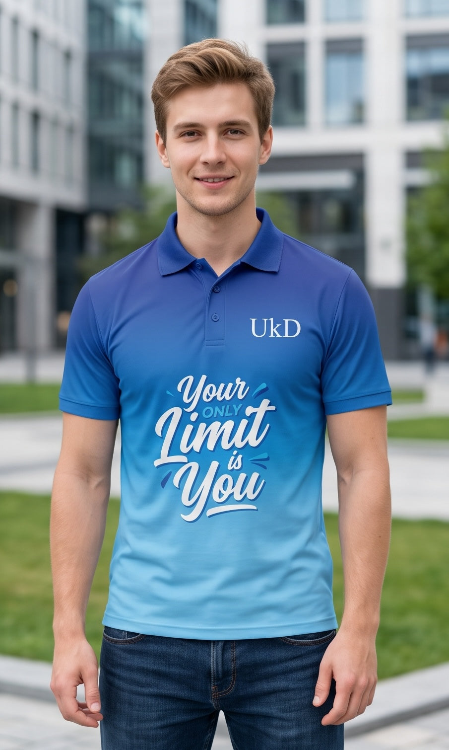 UkD Men's Blue Ombre Polo Shirt Your Only Limit Is You Slogan Print