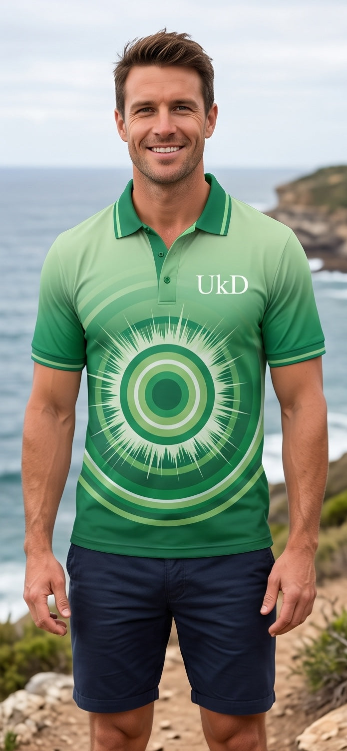 UkD Men's Green Ombre Polo Shirt Radial Burst Circle Print
