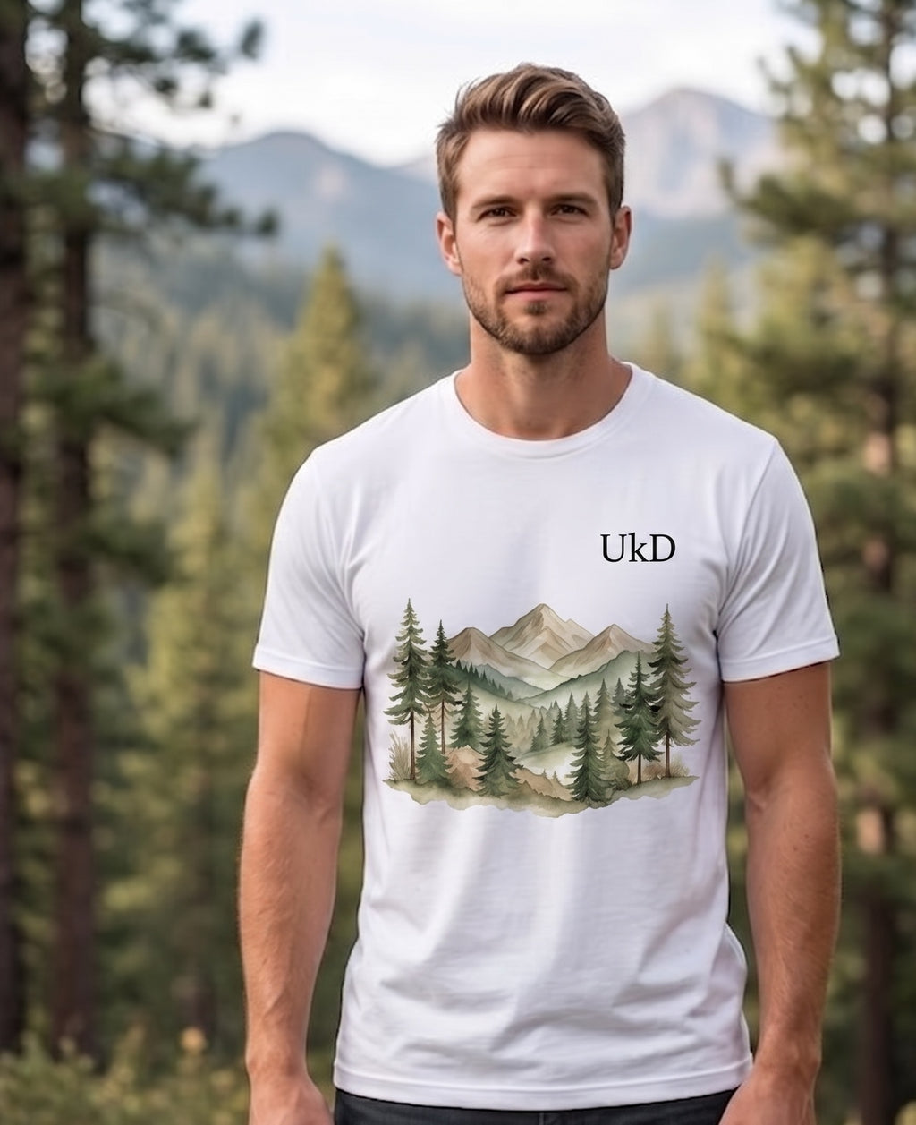 UkD Men's White T-Shirt Watercolour Mountain Forest Landscape Print