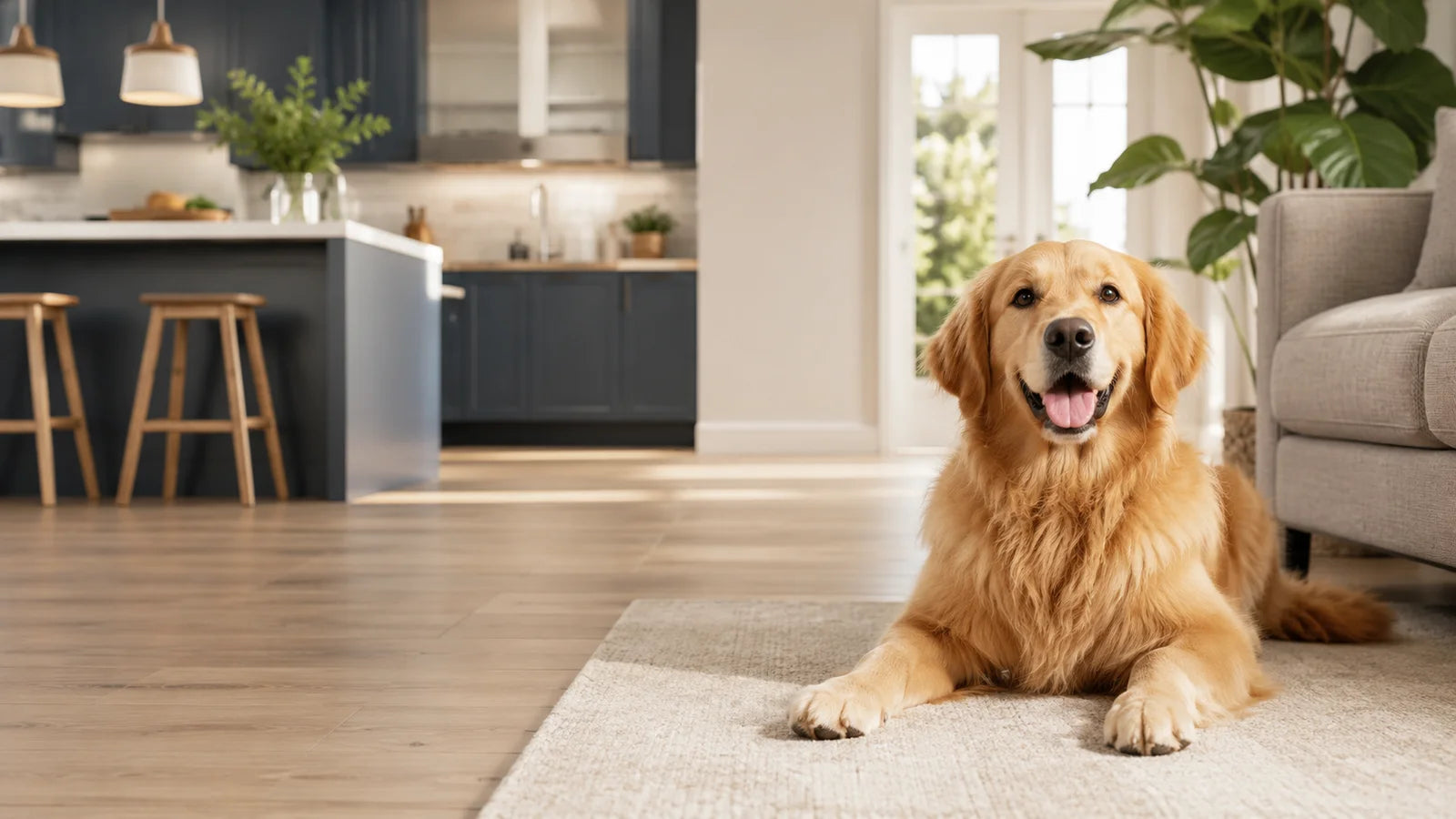 A golden retriever resting on a rug in a bright kitchen