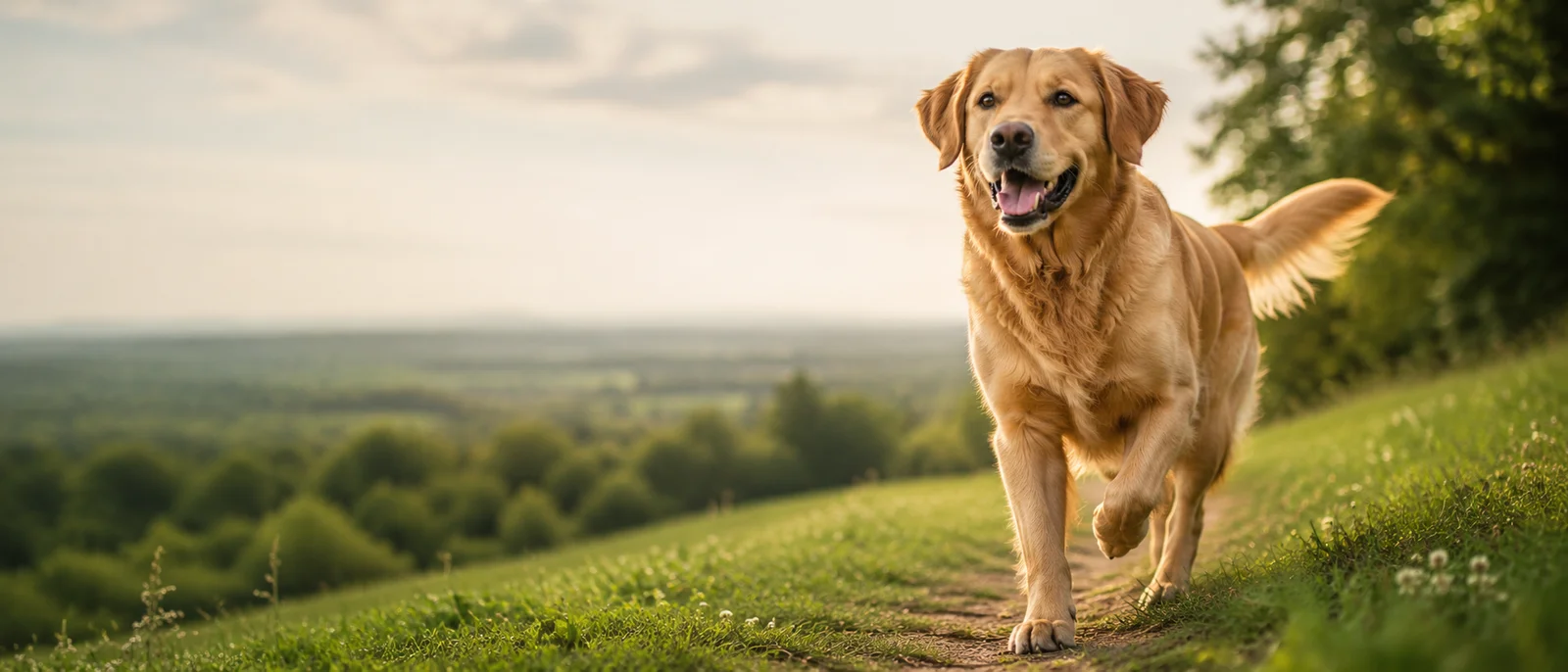 A golden retriever running along a grassy path at sunset