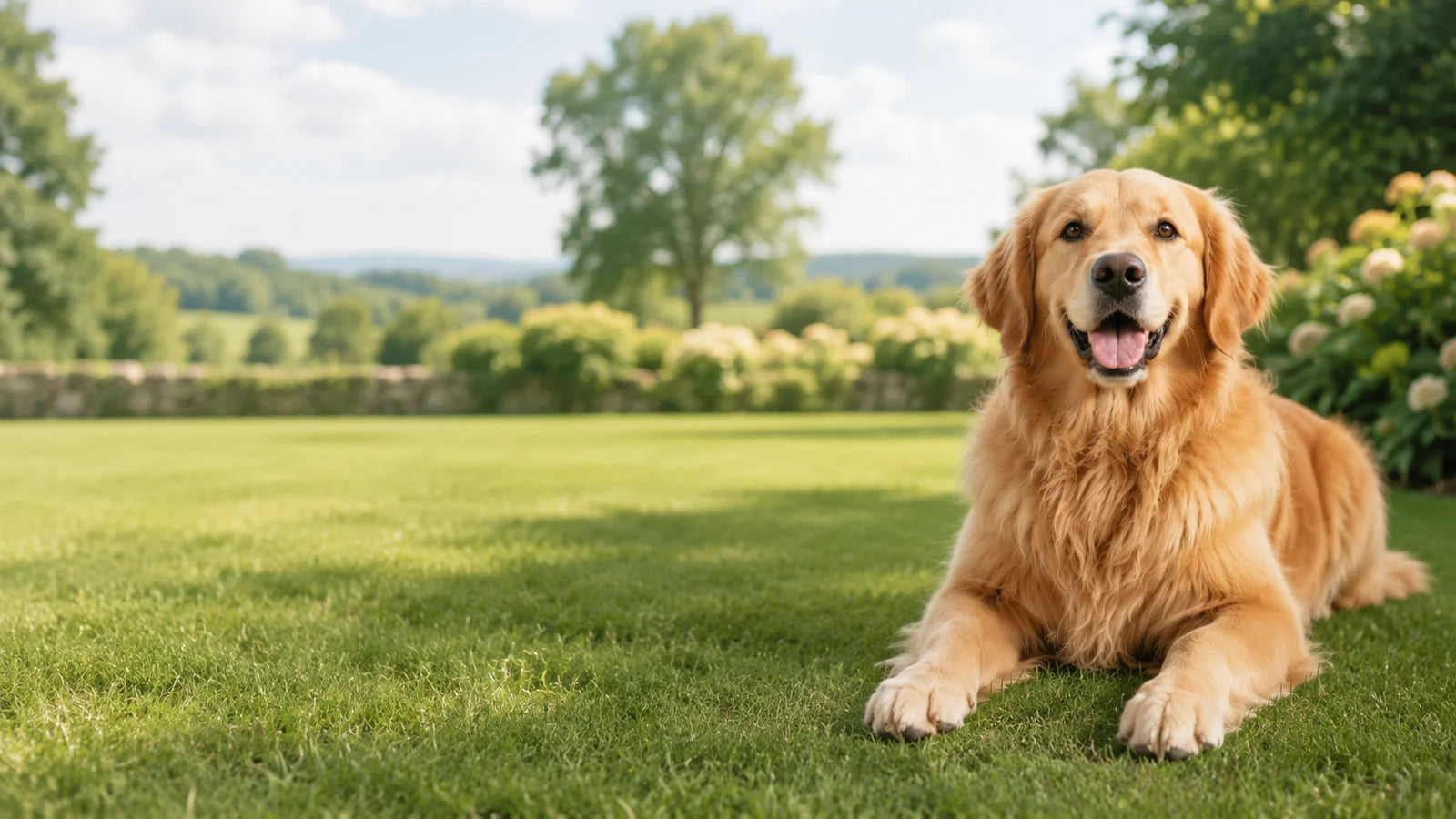 A golden retriever resting on a sunlit lawn